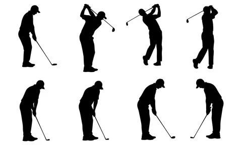 Golfing Silhouettes Sequence of Golfers in Various Swing Positions On White Illustrazione stock