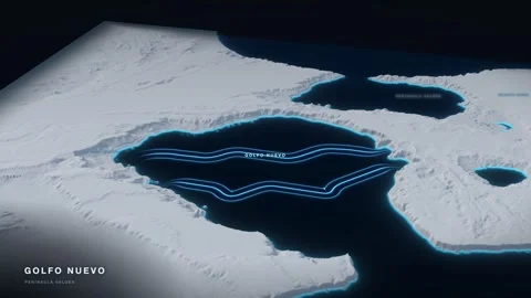 Golfo Nuevo 3D White Terrain Relief Map With Glowing Shipping Route Stock Footage 344016920