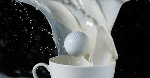 Golf's Ball in a Bowl with Exploding Milk against Black Background Stock Photos