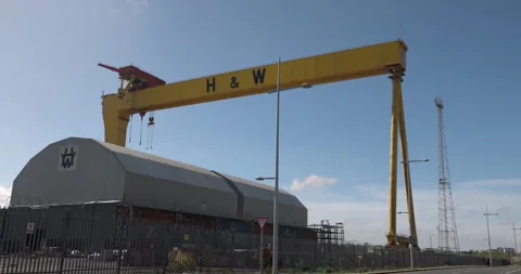 Goliath standing dominating the Belfast Skyline from the Docks Stock Footage 335026676