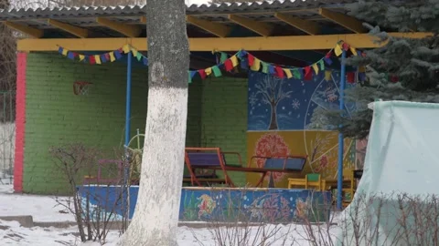 Gomel, Belarus - 25 May 2021: Empty Winter Kindergarten Playground Pavilion Stock Footage 334615587