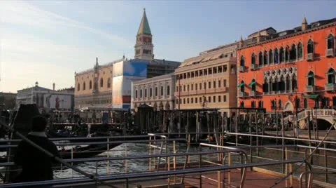 Gondola at docks with city background Stock Footage 20495912