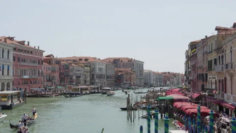 Gondolas and Waterfront Dining Along the Grand Canal in Venice Stock Footage 341679563