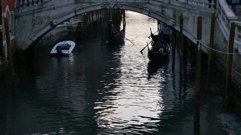 Gondolas on canal in Venice. Stock Footage 74659968