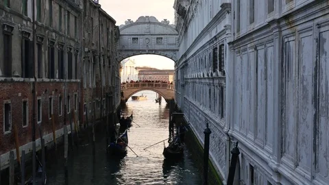 Gondolas on canal in Venice. Stock Footage