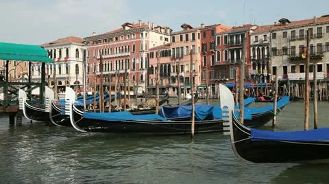 Gondolas moored on the Grand Canal, Venice, Italy Stock Footage