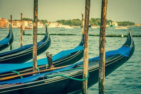 Gondolas moored by saint mark square. venice, italy, europe Stock Photos