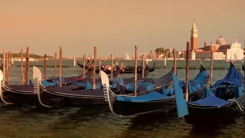 Gondolas at Saint Mark's Square looking towards San Giorgia Maggiore, Venice  Stock Footage 83302589