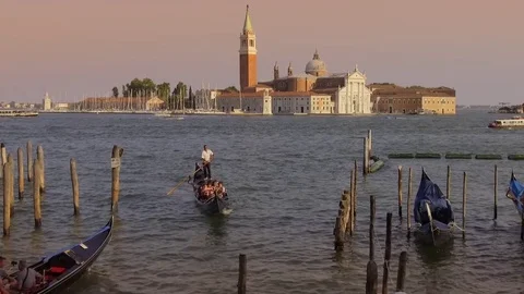 Gondolas at Saint Mark's Square looking towards San Giorgia Maggiore, Venice  Stock Footage 83307628