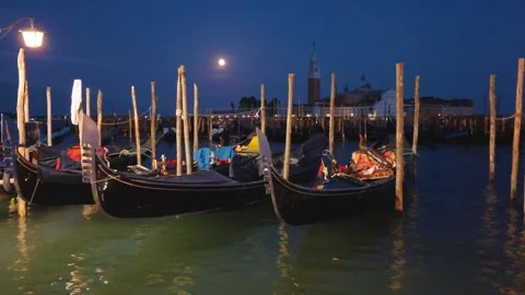 Gondolas on the Venetian Lagoon at Night with Full Moon Stock-Footage 343340439