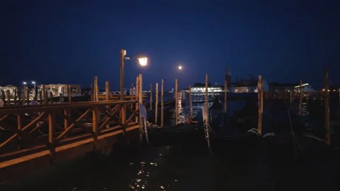 Gondolas on the Venetian Lagoon at Night with Full Moon Stock Footage 343340554