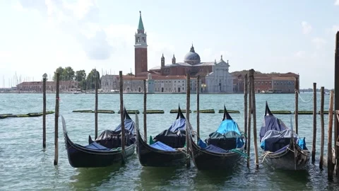 Gondolas in Venice in blue Stock Footage 249949227