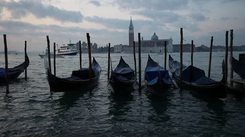 Gondolas on the wave at Piazza San Marco. Venice. Italy 스톡 동영상 87654486