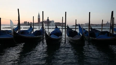 Gondolas on the wave at Piazza San Marco. Venice. Italy Stock Footage 87656778