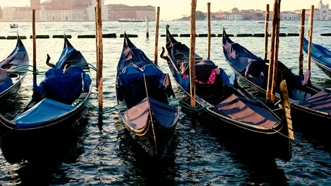 Gondolas on the wave at Piazza San Marco. Venice. Italy Stock Footage 88105526