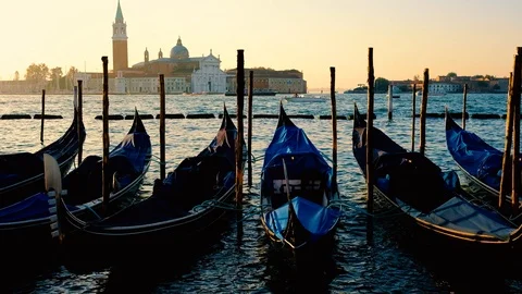 Gondolas on the wave at Piazza San Marco. Venice. Italy Stock Footage 90486332