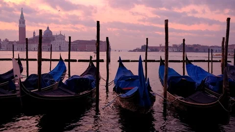 Gondolas on the wave at Piazza San Marco. Venice. Italy Video stock 90486719