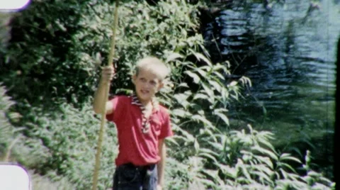 GONE FISHING Proud Boy Kid with Small Fish 1960 Vintage Film 8mm Home Movie 1913 Stock Footage