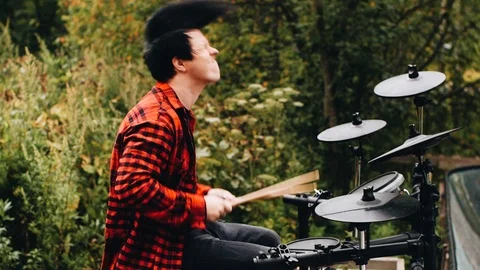 Good and powerful feed when playing the drums. Great drummer. Close up Stock Footage 114519383