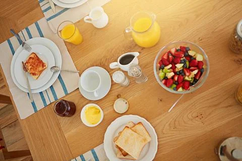 Good breakfast, great day. High angle shot of a breakfast table. Stock Photos