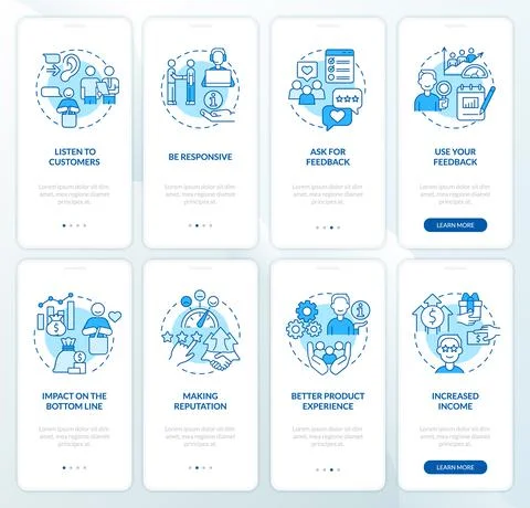 Good customer support blue onboarding mobile app screen set 库存插图