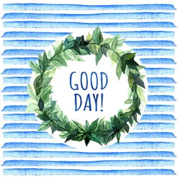 Good day. Simple and cute floral circle wreath with spring branches leaves... Stock Illustration