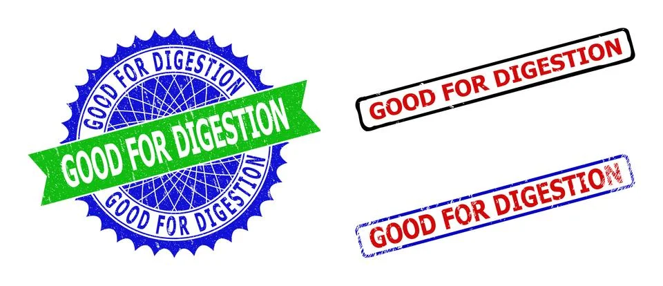 GOOD FOR DIGESTION Rosette and Rectangle Bicolor Badges with Distress Surfaces Stock Illustration