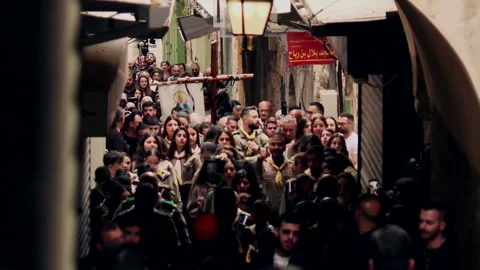 Good Friday march at Via Dolorosa in Jerusalem Stock Footage 306153013