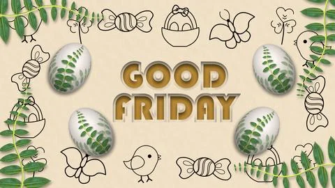 Good Friday text covered with different easter icons, plant leaves texture .. イラスト素材