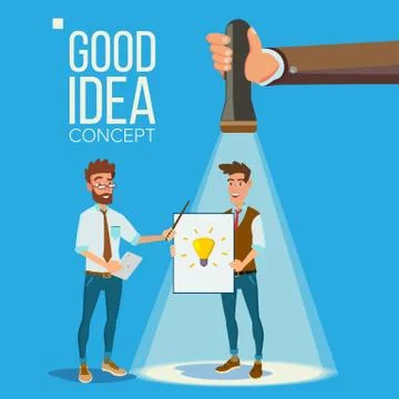 Good Idea Concept. Smiling Office Workers. Standing. Flashlight Pointing Clerk Stock Illustration