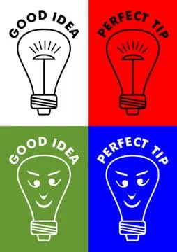 Good idea, perfect tip, four icons with lightbulb, bulb with emoticon face Stock Illustration