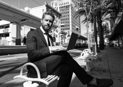 Good internet access. check email. freelance man post blog online. businessman Stock Photos