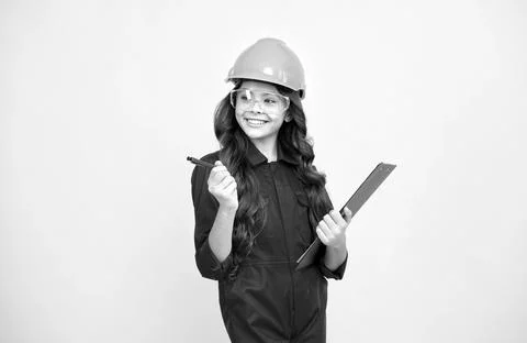 Good job. future engineer. study at school. sight check. teen girl in protective Stock Photos