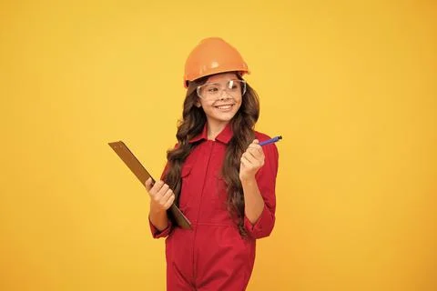 Good job. future engineer. study at school. sight check. teen girl in protective Stock Photos