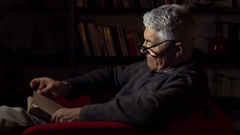 Good-looking and relaxed man reads a book at home sitting on the armchair Stock Footage 74424591