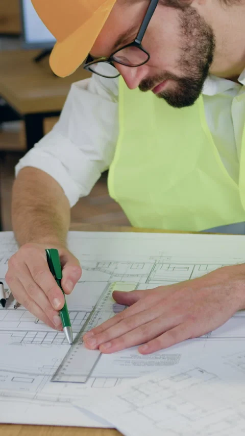 Good-looking confident creative professional bearded architect in protective hel Stock Footage 328653851