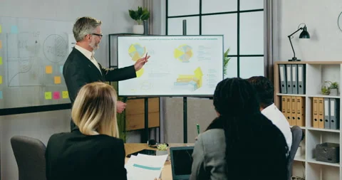 Good-looking confident experienced bearded businessman explaining presentation Stock Footage 161076918