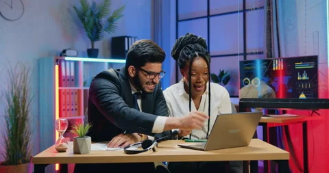 Good-looking happy overjoyed successful multicultural male and female office Stock Footage 166724255