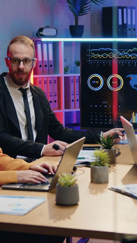 Good-looking purposeful persistent professional male and female office workers s Stock Footage 330489070