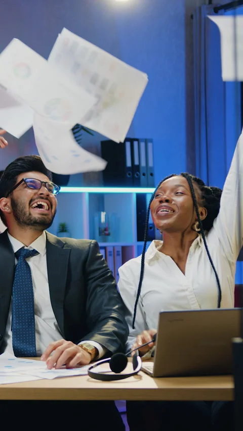 Good-looking smiling high-skilled chancy bearded businessman and african america Stock Footage 330802448