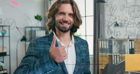 Good-looking smiling successful skiiled bearded office worker posing on camera Stock Footage 157970232