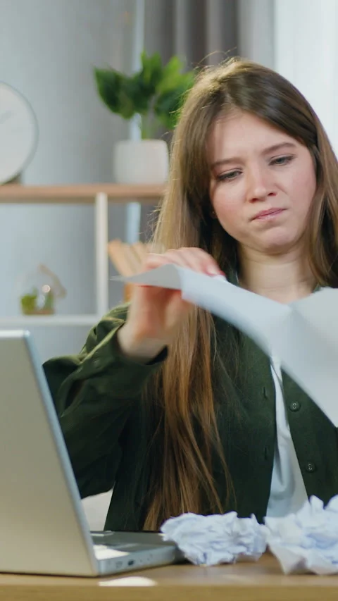 Good-looking upset troubled 25-aged girl-freelancer disappinted about results of Stock Footage 328939881