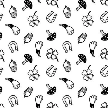 Good luck charms seamless pattern. Four leaf clover, acorn, horseshoe, rabbit Stock Illustration