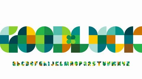 Good Luck phrase with clover leaf and colorful geometric alphabet letters set Stock Illustration