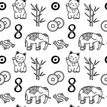 Good Luck Symbols Seamless Pattern. Asian talismans and charms contour vector 스톡 일러스트