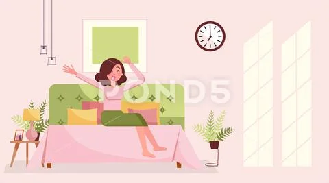 Good morning girl stretch yawn in bed. Sleepy young woman in bed yawning and Stock Illustration
