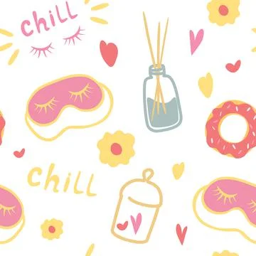 Good night cute seamless pattern. girly accessories, sleeping mask, a fragran Stock Illustration