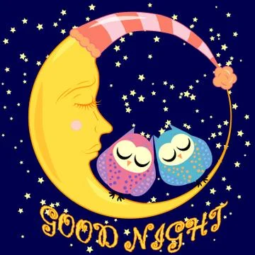 Good night. A postcard with a dozing crescent, two lovely cartoon owls and te Stock Illustration