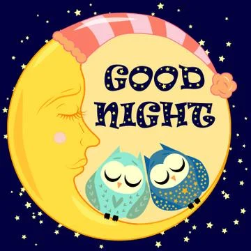Good night. A postcard with a dozing crescent, two lovely cartoon owls and te Stock Illustration