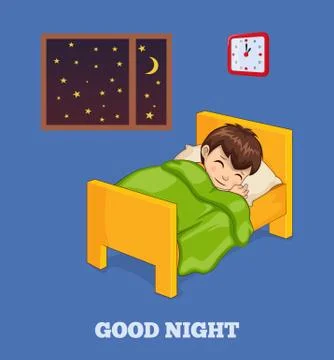 Good Night Poster wiith Boy in Bed under Blanket Stock Illustration